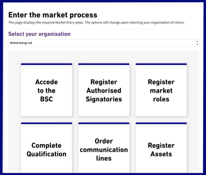 Elexon Kinnect 'mark entry' dashboard. The dashboard features the following tasks: Acede to the BSC, Register Authorised Signatories, Register Market roles, Complete Qualification. Order communication lines, register assets 