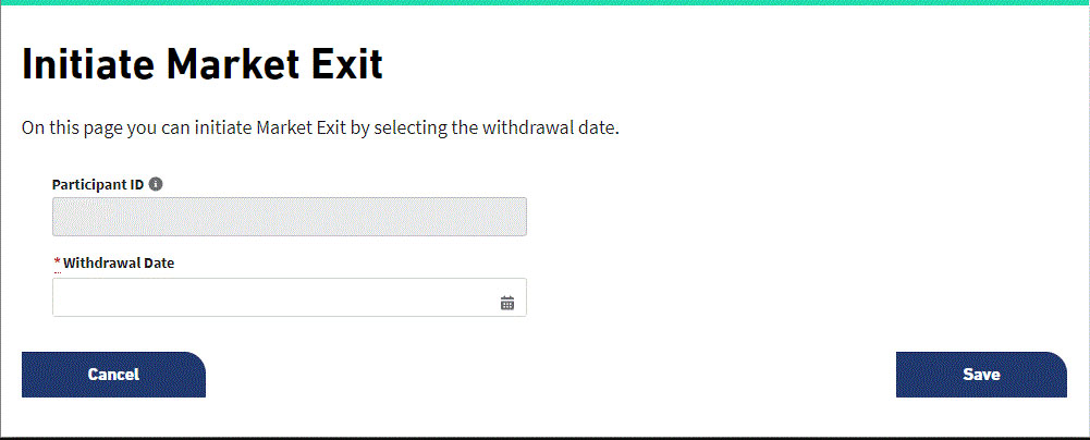 Elexon Kinnect Customer Solution showing the Initiate Market Exit page