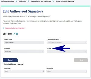 Showing where the To Date field is located on the Edit Authorised Signatories screen