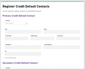 Screen layout for Register Credit Default Contacts screen when using the Kinnect Customer Solution