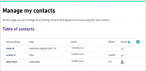 Screen layout for the Manage My Contacts screen when using the Kinnect Customer Solution