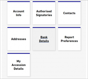Screen layout tiles for My Account and the Bank Details tile when using the Kinnect Customer Solution