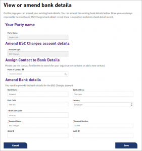 Screen layout for the Amend Bank Details screen when using the Kinnect Customer Solution